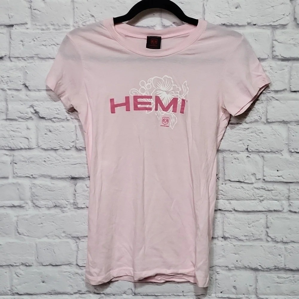 Dodge HEMI Graphic T-Shirt Womens Medium Pink Floral Logo Short Sleeve Tee